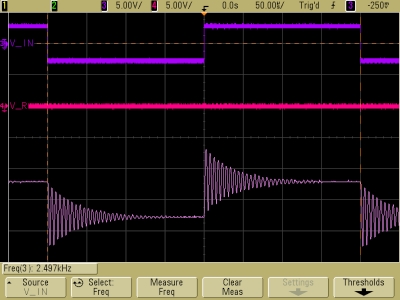 Decaying oscillations in underdamped damped LRC circuit, V_R, V_C
